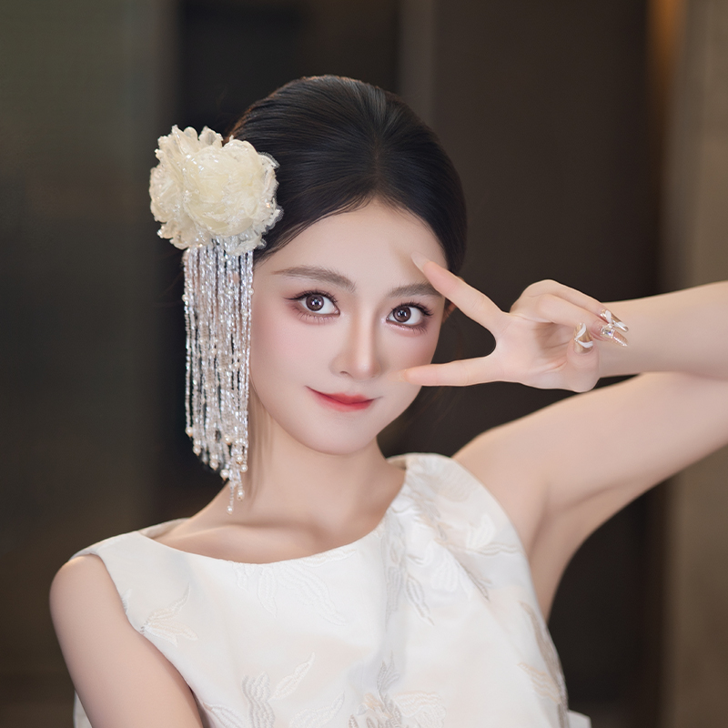 非金属布艺婚庆饰品 新娘法式超仙手作娟纱流苏花朵复古发夹D0604