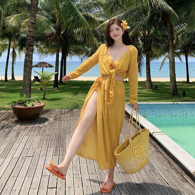 【黄亦玫】度假比基尼四件套泳衣女长裙小胸聚拢性感纯欲显瘦显白