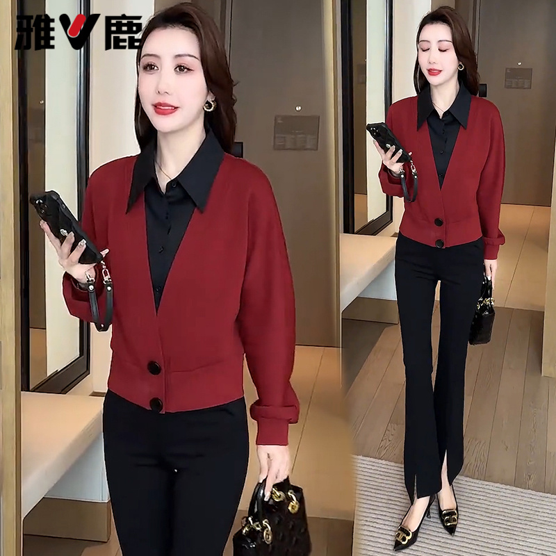 雅鹿秋季2025新款假两件小衫时尚气质休闲长袖衬衫气质上衣