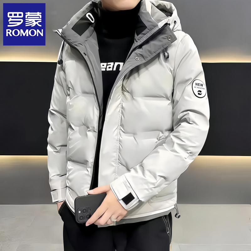 罗蒙男士防寒服2025年冬季新款保暖防寒短款上衣潮流休闲连帽外套