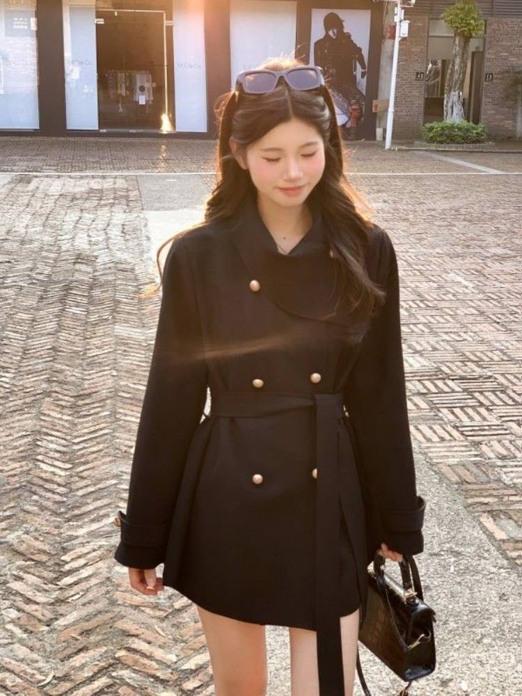 法式气质名媛风围脖设计黑色风衣外套女秋季高级感宽松英伦风大衣