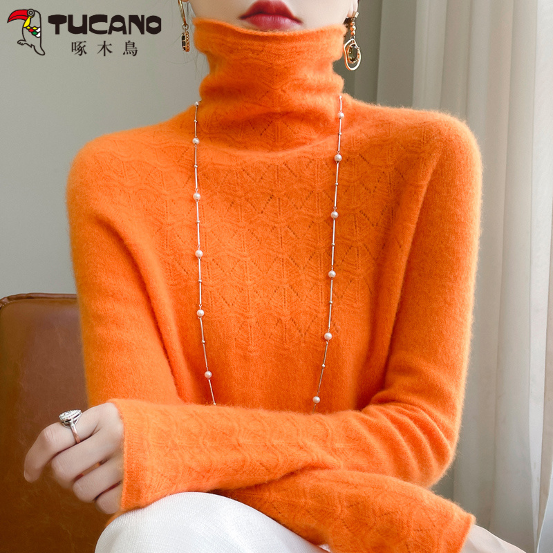 啄木鳥秋冬薄款毛衣女高领羊绒衫宽松镂空上衣打底100纯羊毛衫套