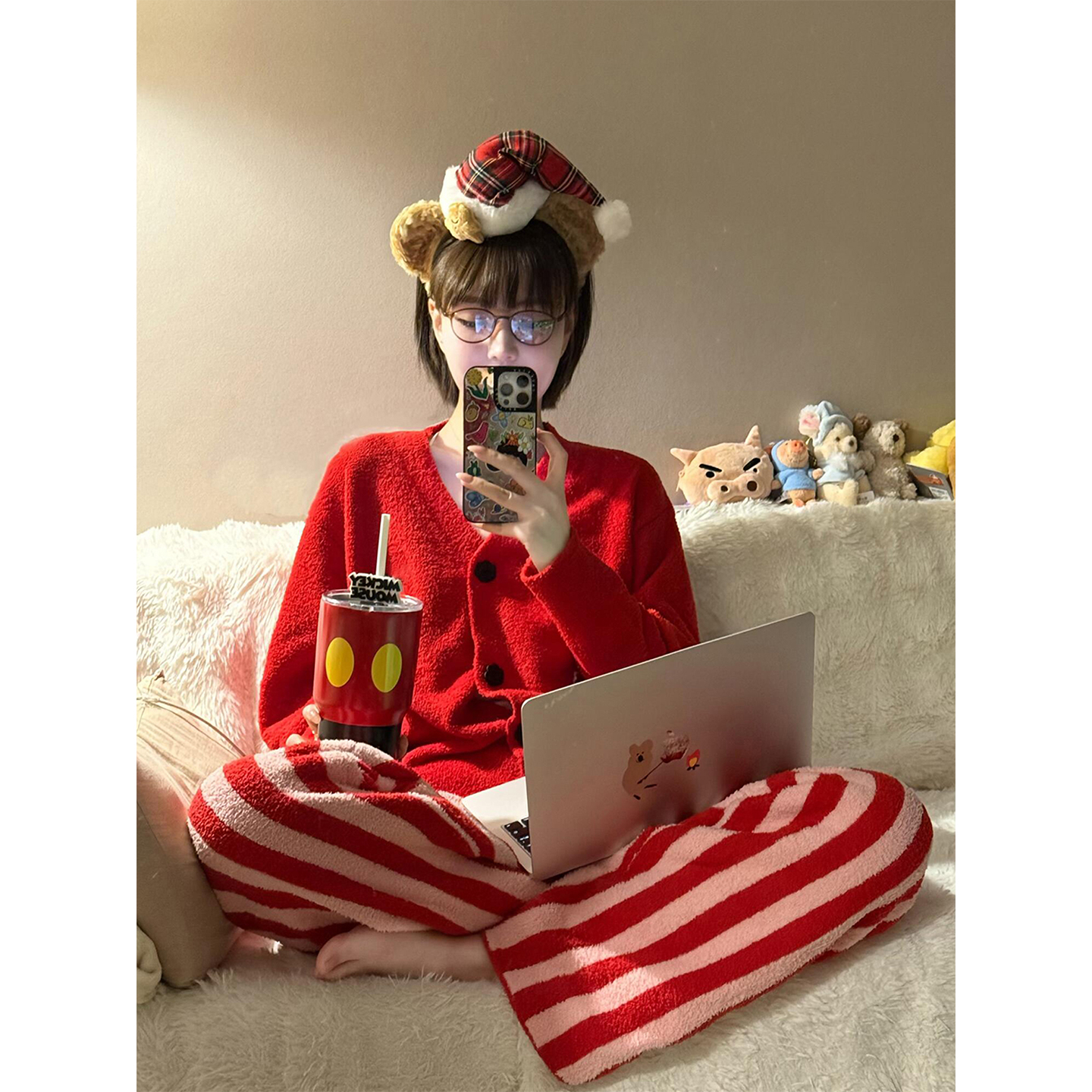 大码喜庆红色条纹针织半边绒睡衣女秋冬季新款保暖家居服套装外穿