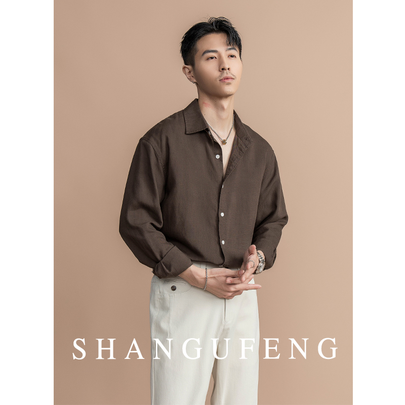 SHANGUFENG早秋质感天丝亚麻长袖衬衫男士老钱风舒适休闲衬衣上衣