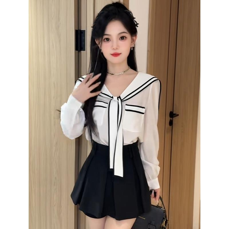 学院风洋气海军领白色长袖衬衫2025早秋新款设计感减龄别致小衫女