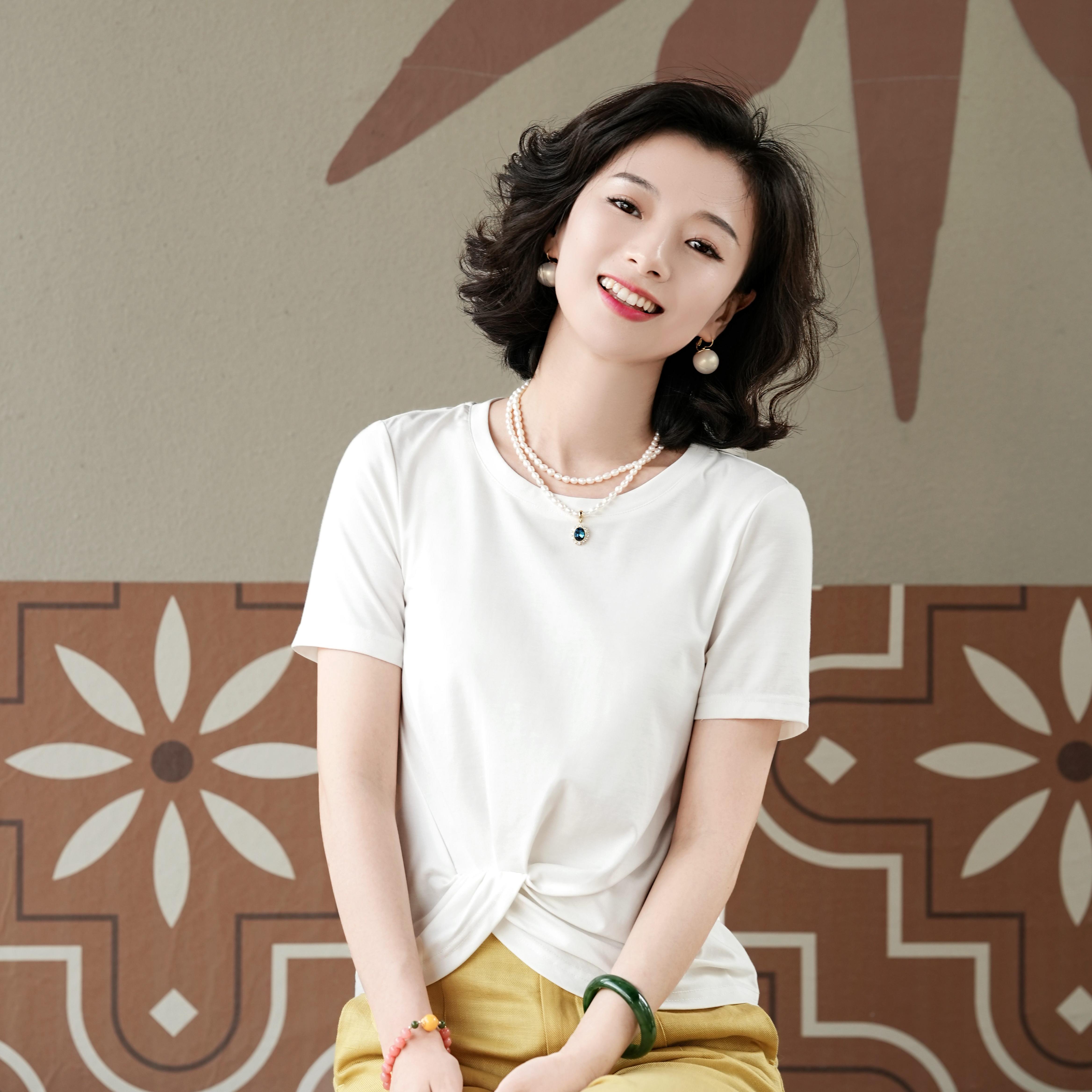 西子/【月光夜曲】桑蚕丝进口高密机织扭结抽褶黑白色T恤/TXTJ195