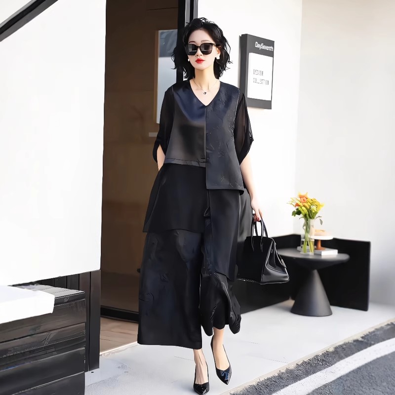 夏新款大码国风高级提花拼接上衣宽松阔腿裤气质年轻妈妈两件套装