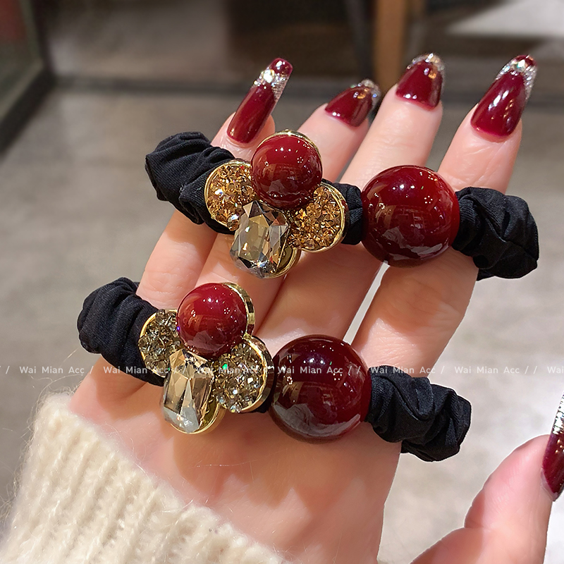 轻奢镶钻扎头花四叶花发圈头绳女高级感网红耐用马尾发绳新款头饰