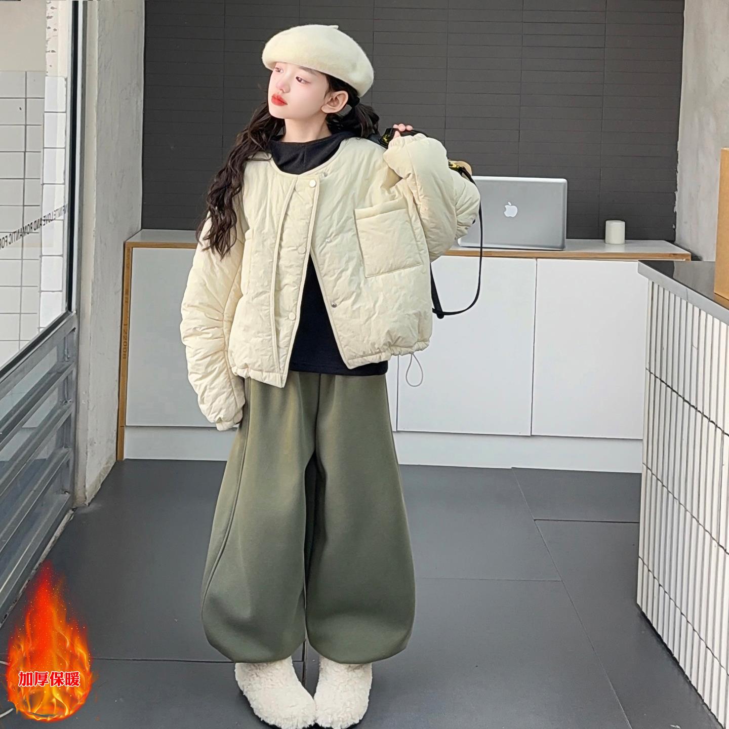 韩系棉服一整套穿搭气质女童冬夹棉棉衣叠穿帽衫加绒运动卫裤套装