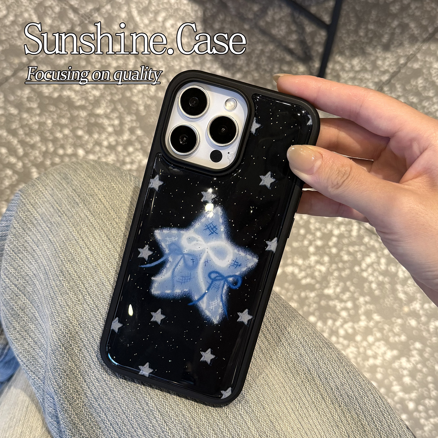 星星蝴蝶结黑框肤感滴胶手机壳适用于苹果16promax/15/14防摔