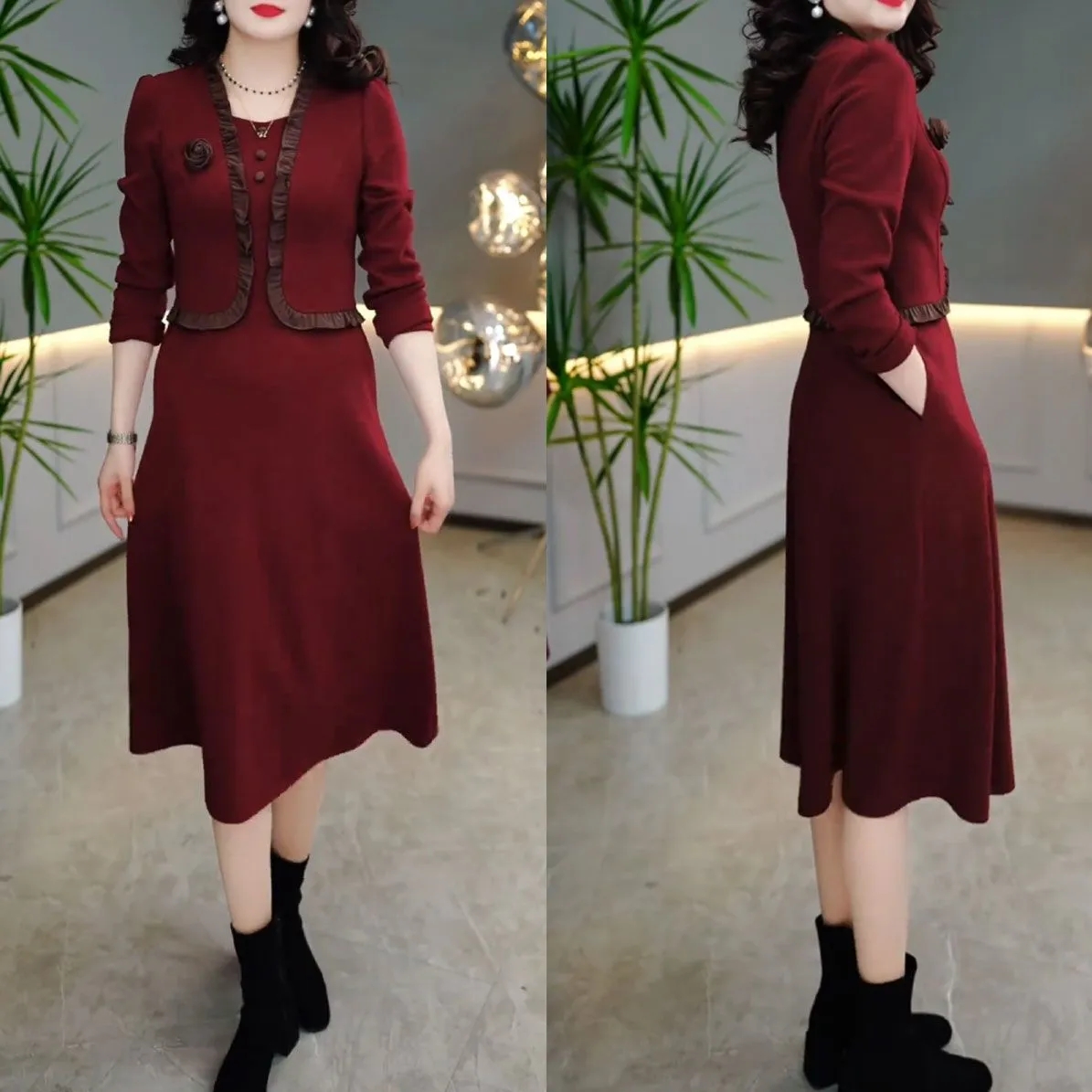 2025秋冬季新款气质显瘦加厚百搭打底裙子大码假两件长袖连衣裙女