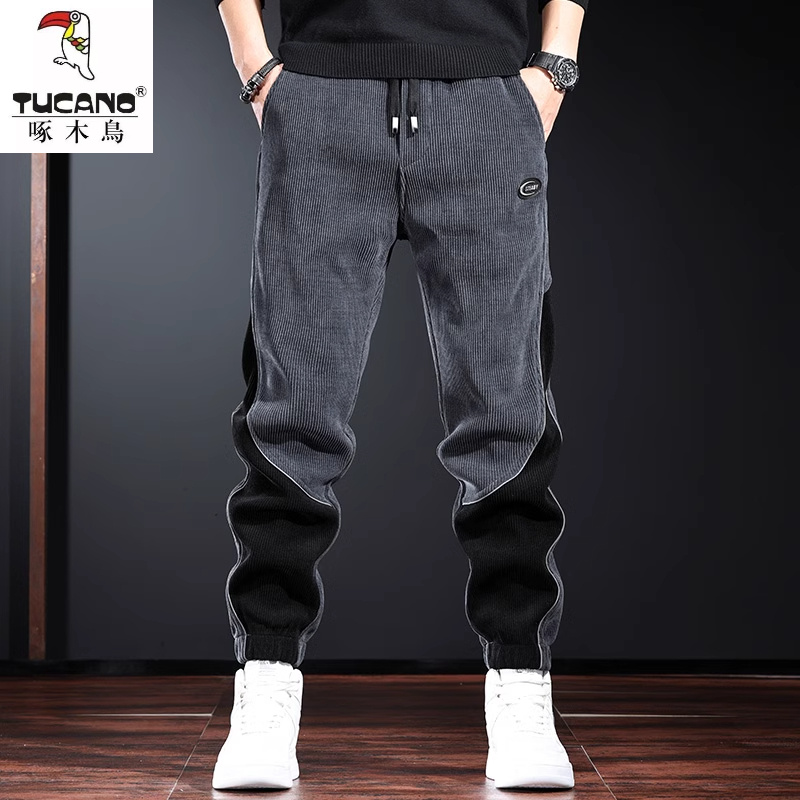 重磅灯芯绒休闲裤男秋冬季加绒运动卫裤设计感痞帅束脚哈伦裤子男