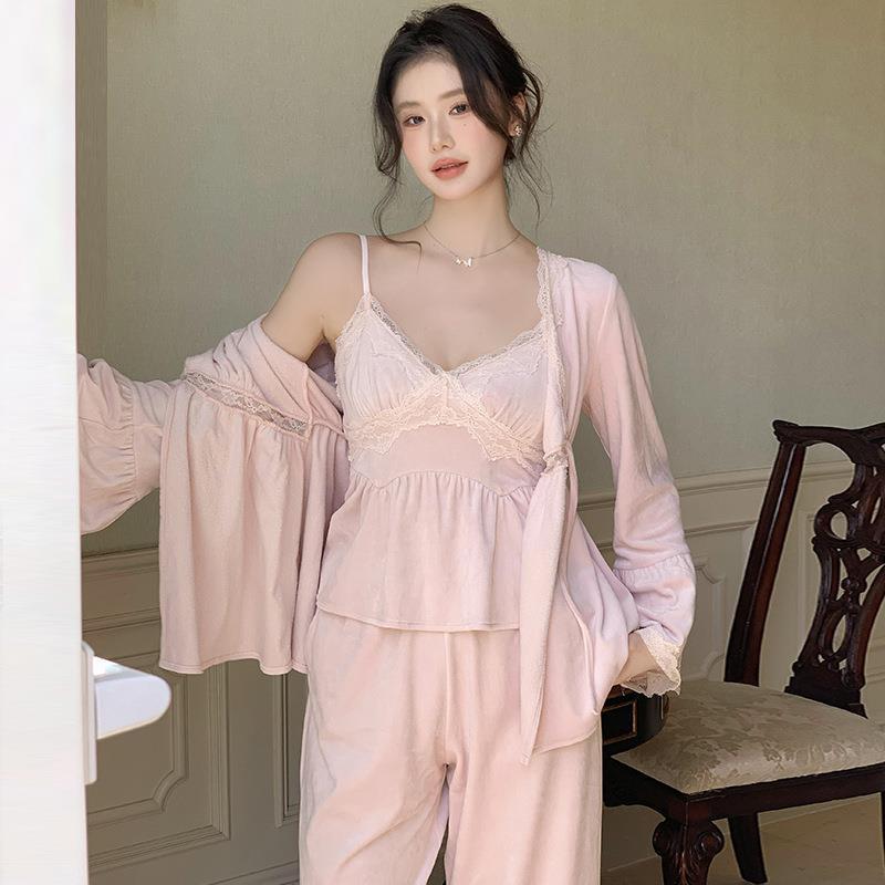 法式新款睡衣冬季水貂绒甜美性感蕾丝长袖三件套家居服女士可外穿