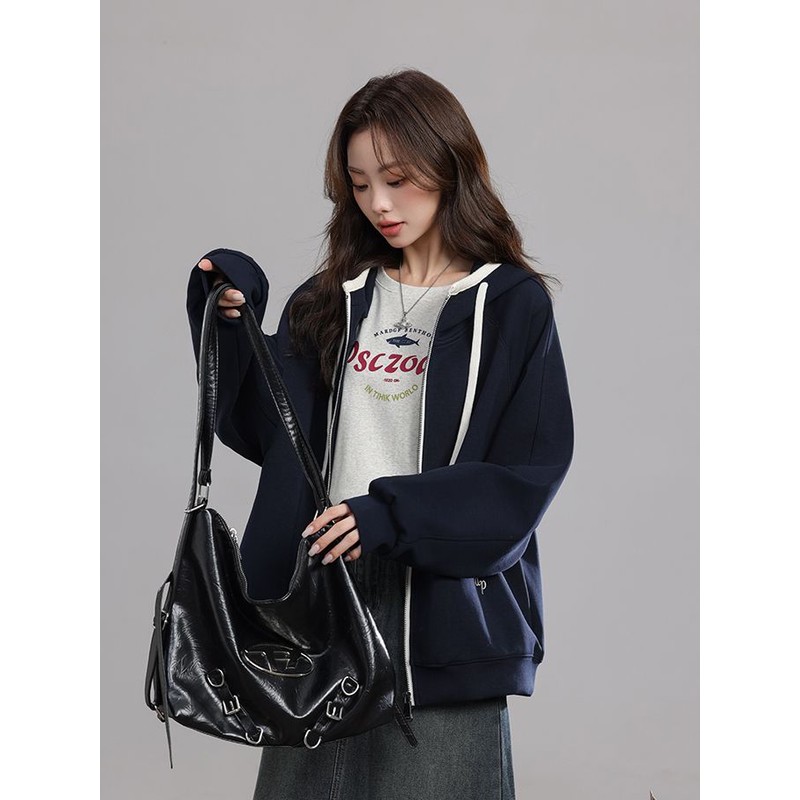 藏青色卫衣女薄款外套2025春秋新款白色包边撞色开衫设计感连帽衫