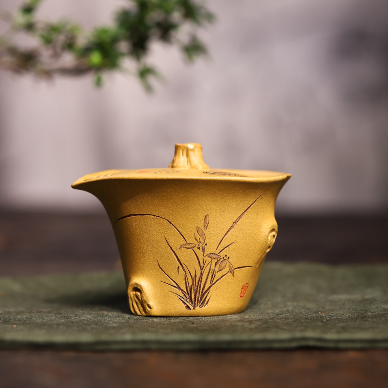 宜兴紫砂丨黄金段手抓 松竹梅兰 紫砂手抓壶