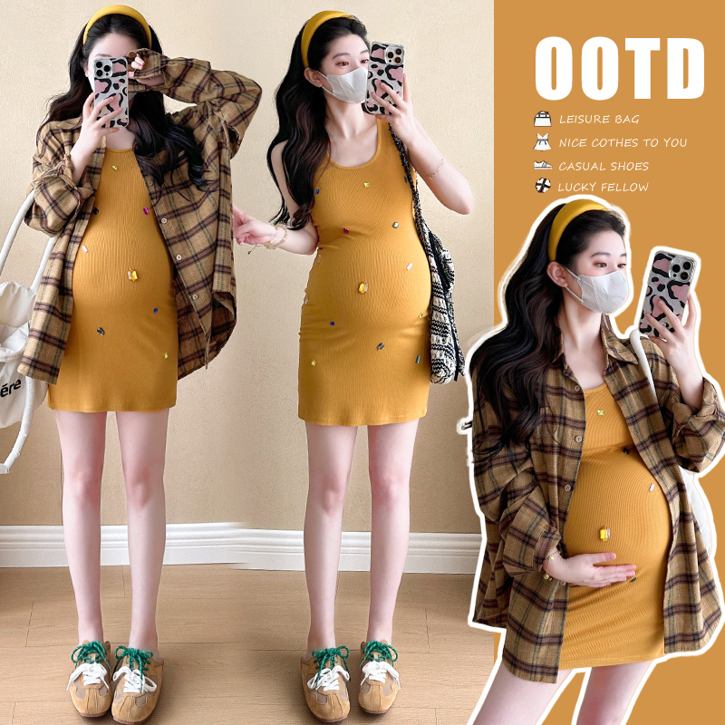 孕妇背心裙2025春夏套装韩版时尚宽松弹力宝石背心裙格子防晒衬衫