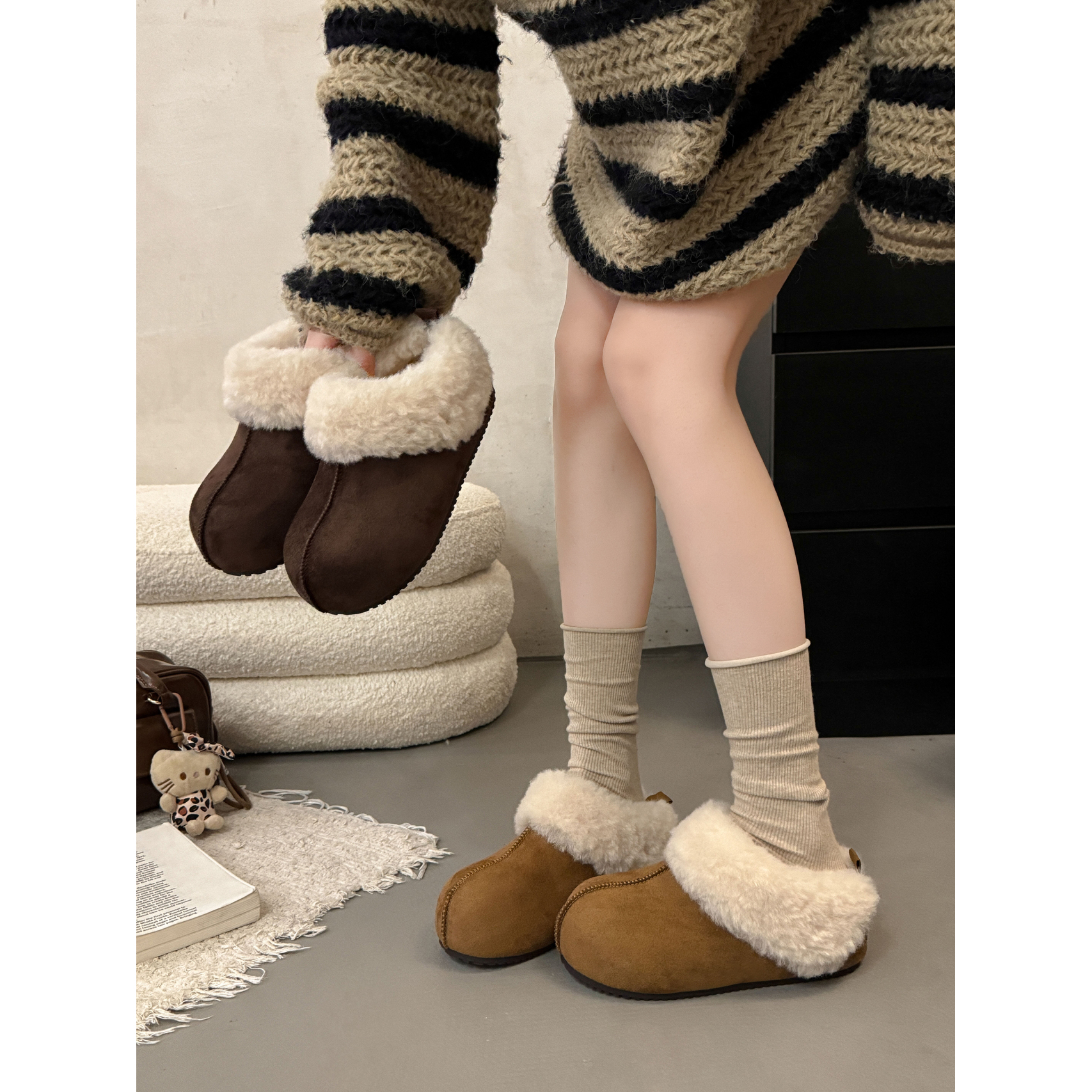 毛绒雪地靴女2025新款加绒保暖包头半拖懒人棉拖毛毛鞋厚底勃肯鞋