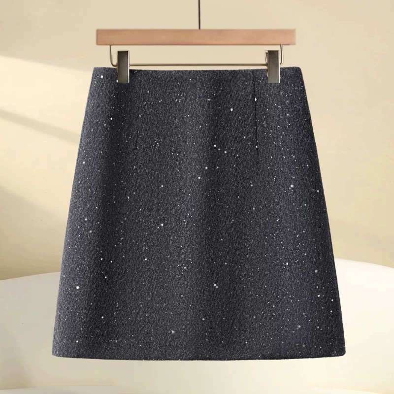 亮片毛呢半身裙女秋冬季2025新款高腰显瘦包臀裙韩系黑色a字短裙