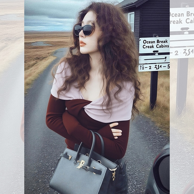 韩系入冬漂亮厚衣服女洋气内搭上衣撞色交叉v领一字肩长袖T恤小衫