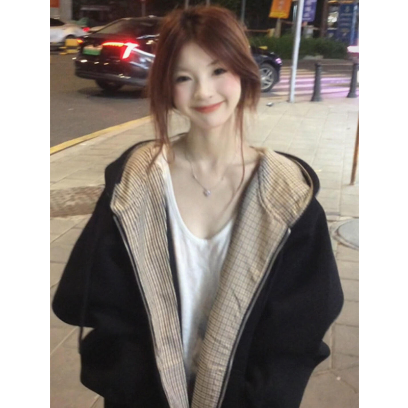 【珂塔芙】潮牌格纹字母连帽卫衣女宽松设计感小众休闲开衫拉链外套