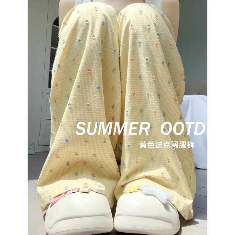 2025春夏季新款多巴胺波点阔腿裤女高腰显瘦宽松垂感拖地休闲长裤