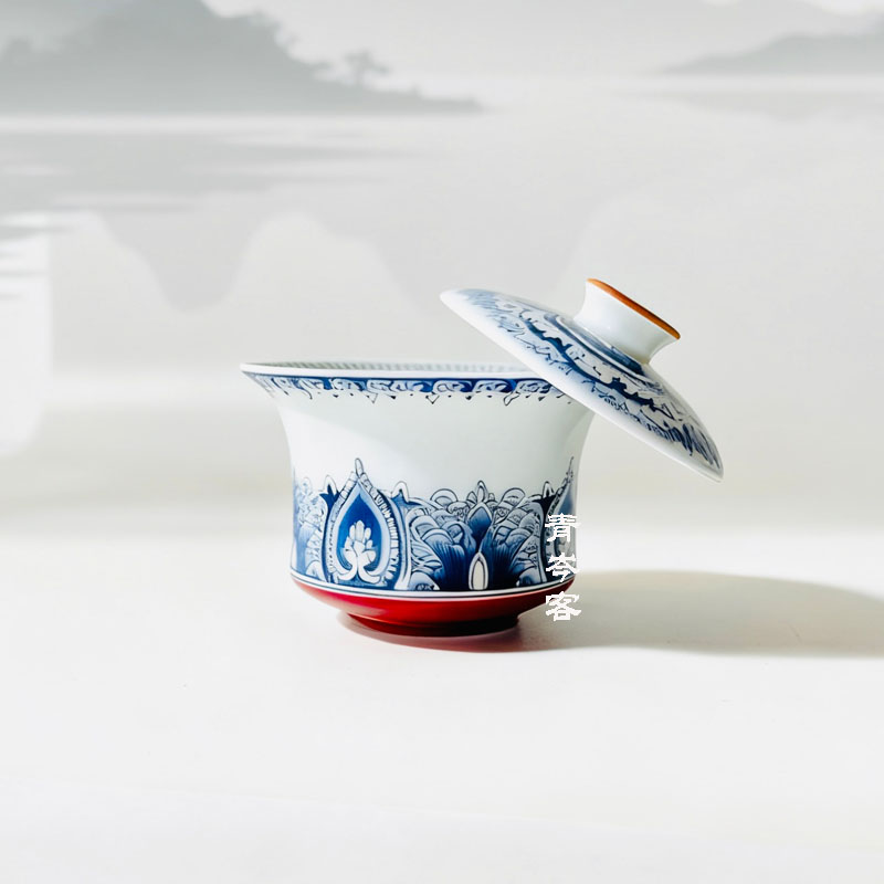 高温瓷旋转盖碗青花国潮醒狮高档茶具防烫茶碗大壶承