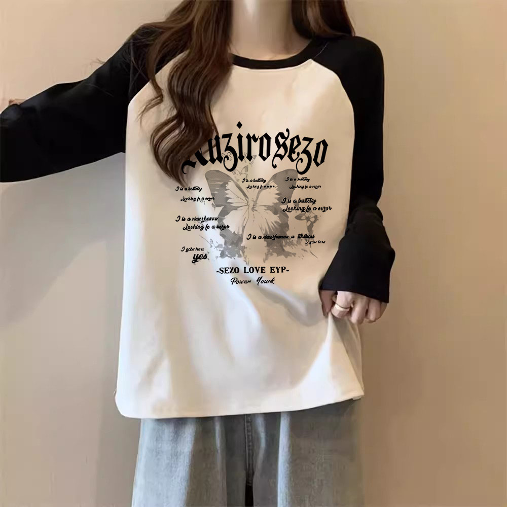 美式复古蝴蝶2025春秋拼色插肩长袖t恤女新款宽松纯棉设计感上衣