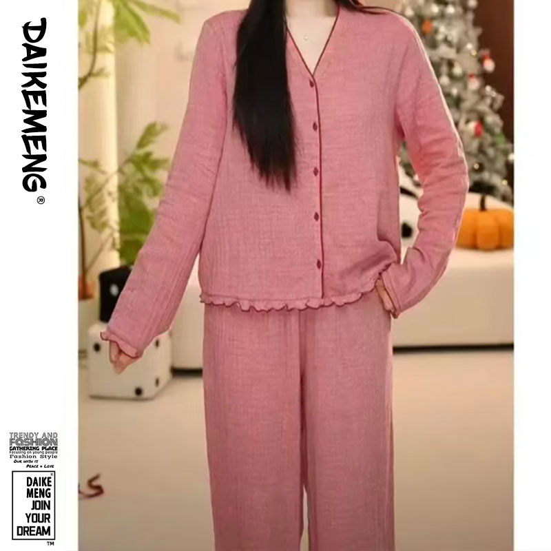 简约纯色睡衣春秋新款长袖长裤V领显瘦设计感外穿时尚家居服套装