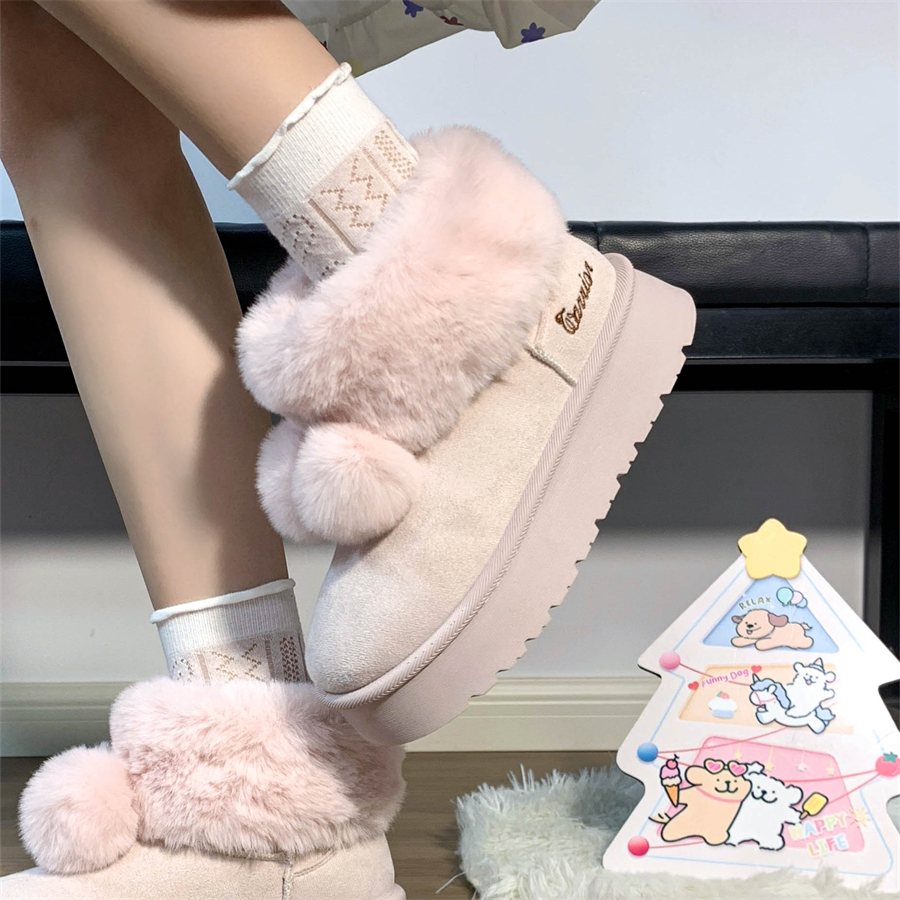回力可爱毛球雪地靴女冬季加绒加厚保暖短筒靴时尚厚底棉鞋子女款