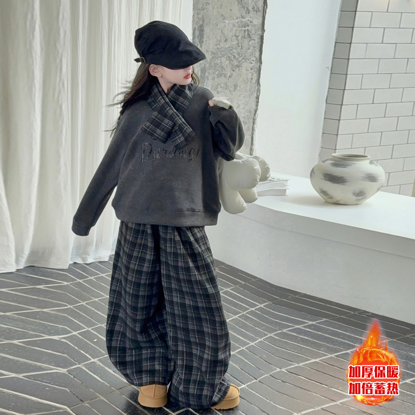 女童加绒卫衣套装2025超时尚格子阔腿裤大童秋冬一体绒潮酷两件套