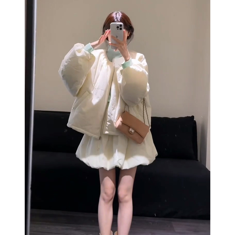 2025秋季新款女法式气质宽松圆领长袖棉服外套高腰显瘦花苞半身裙