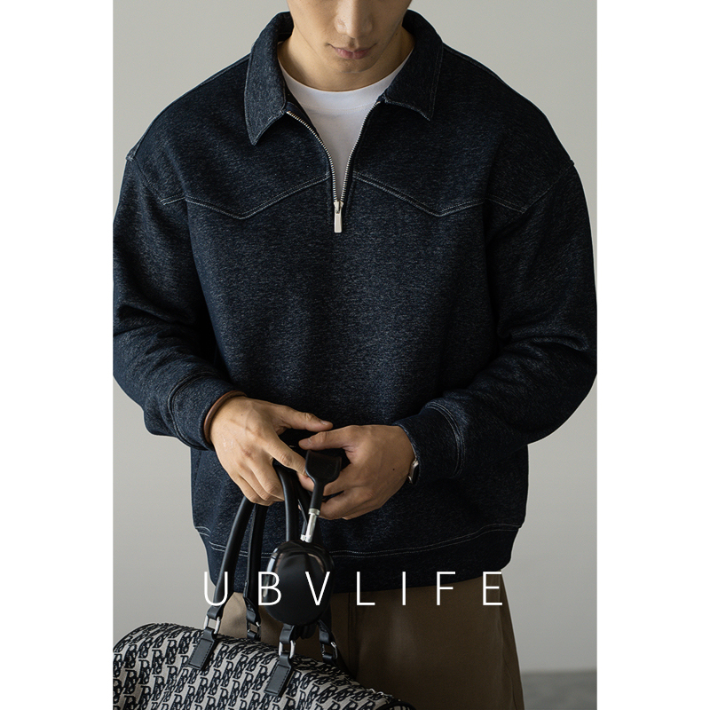 美式复古棉混纺翻领卫衣男士2025冬季新款仿牛仔加绒加厚休闲上衣