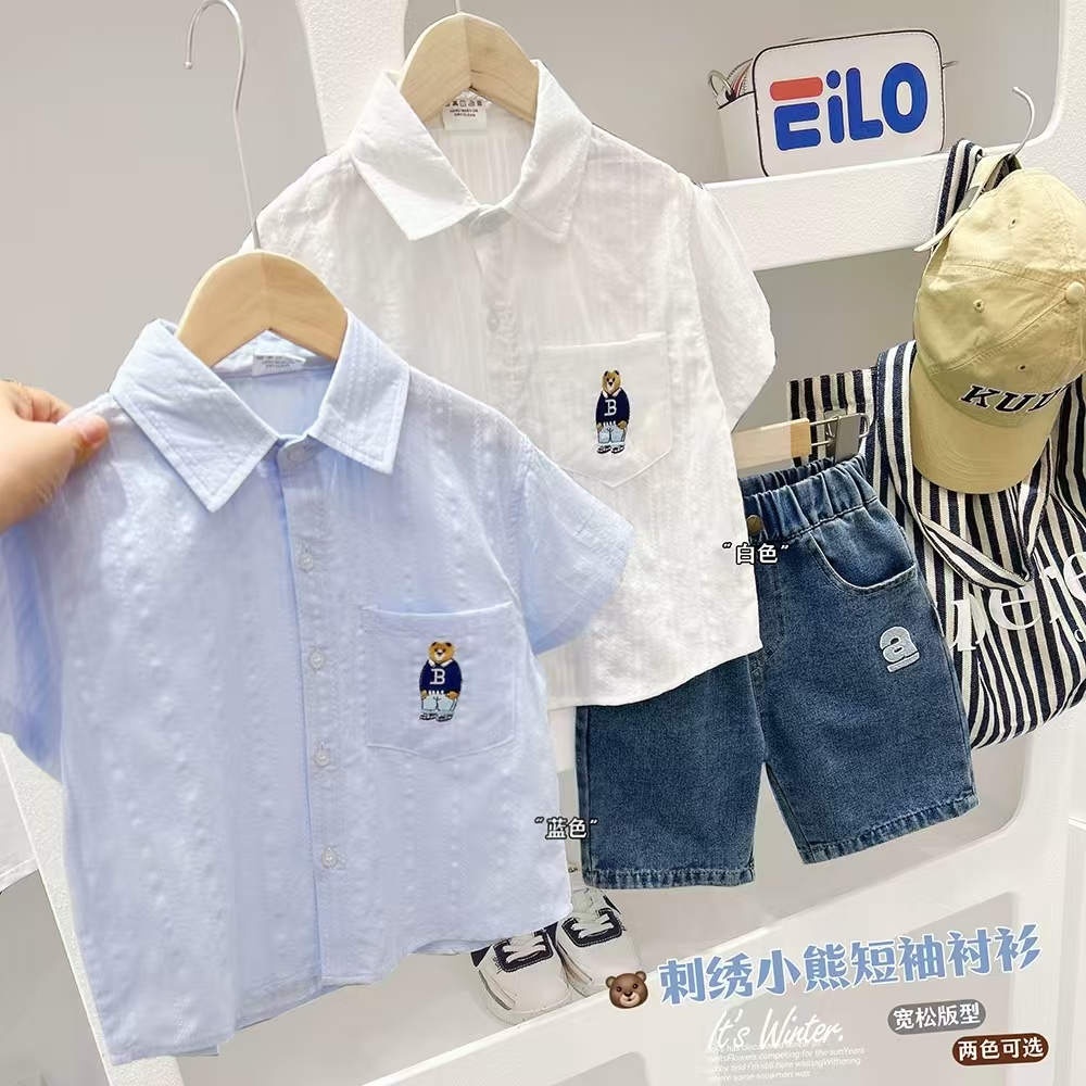 儿童薄款短袖衬衫2025夏季新款男童衬衣宽松透气刺绣小熊翻领上衣