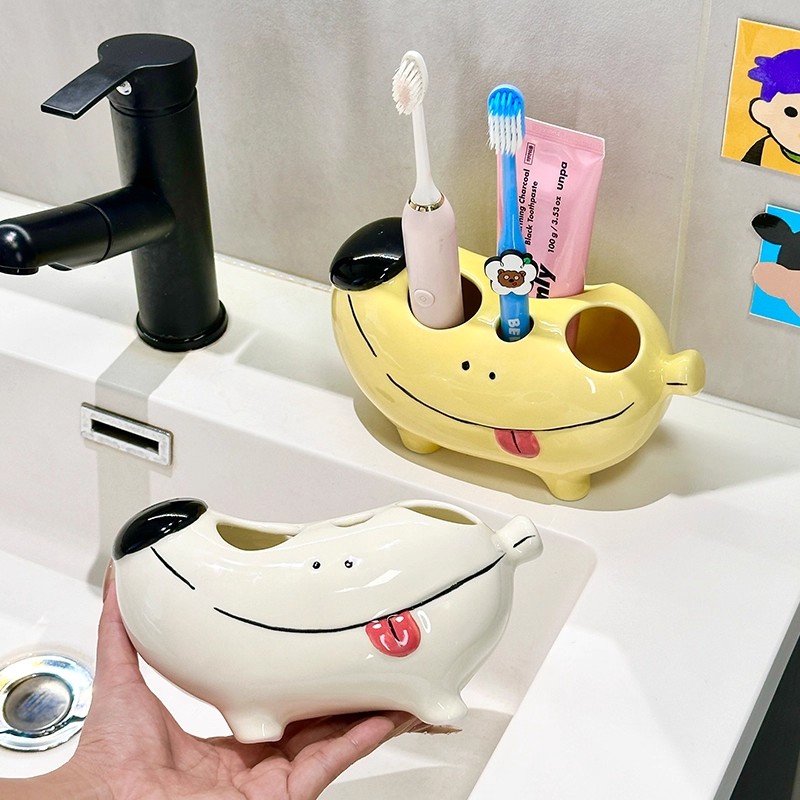 陶瓷香蕉狗牙刷架卫生间高级感洗漱台电动牙刷牙膏收纳底座置物架