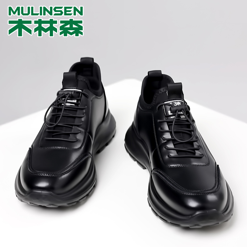 木林森加绒男鞋秋冬一脚蹬秋冬季皮鞋黑色真皮运动鞋秋季户外防滑