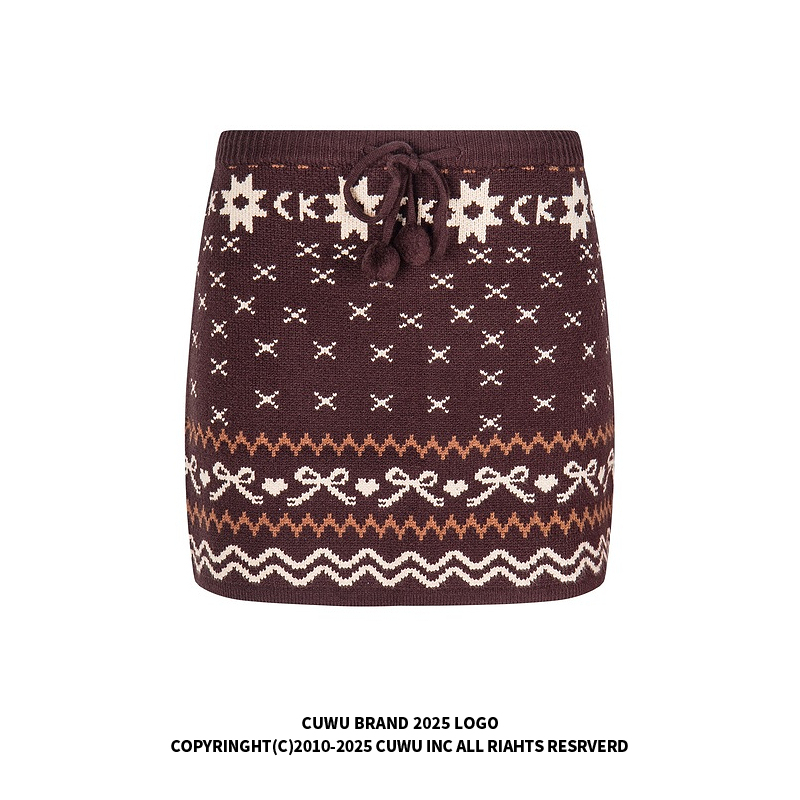cuwu棕色费尔岛针织半身裙女秋冬复古蝴蝶结提花高腰显瘦a字短裙