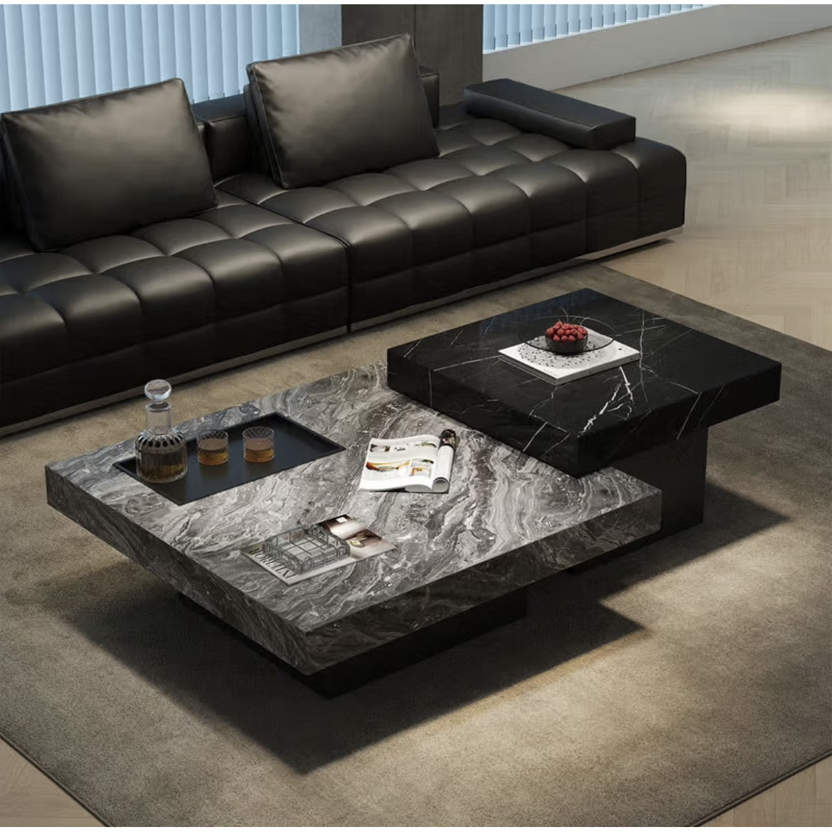 意式极简轻奢岩板盒子茶几威尼斯棕大理石大小户型客厅方形高级感