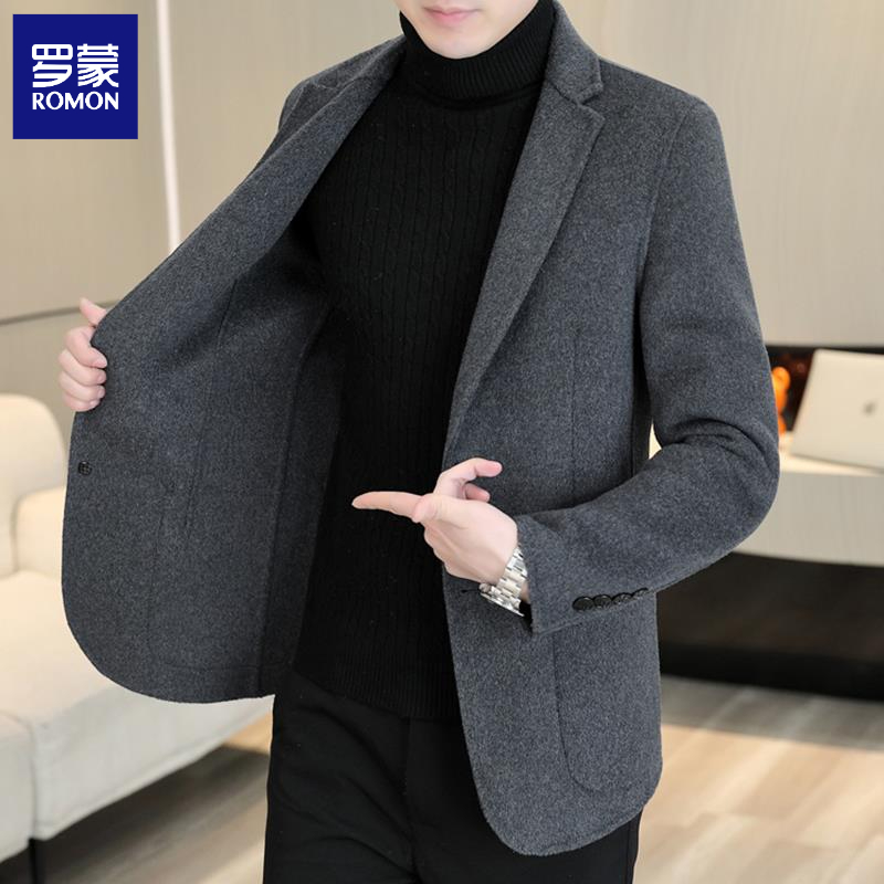 罗蒙【含羊毛】西服男装商务休闲双面呢外套时尚高端西装呢子大衣