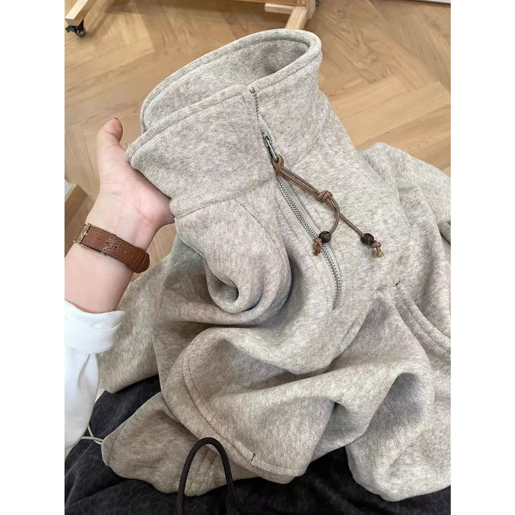 美式复古半拉链抽绳立领卫衣女秋冬新款宽松松驰慵懒休闲加绒外套