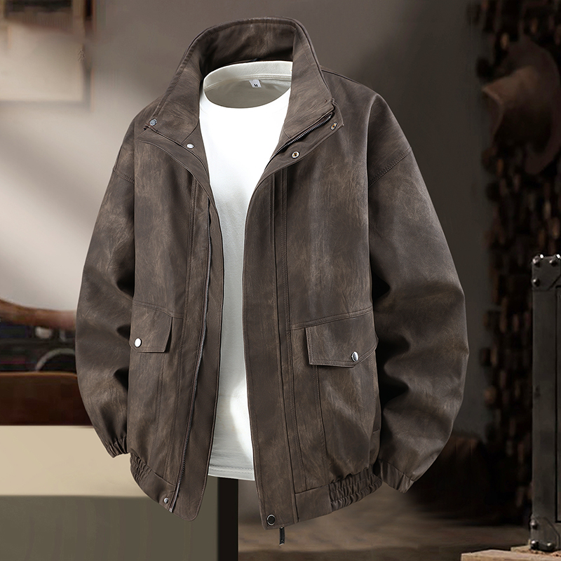 街头痞帅保暖免烫复古竖领机车皮衣百搭潮流加肥加大码胖子PU外套
