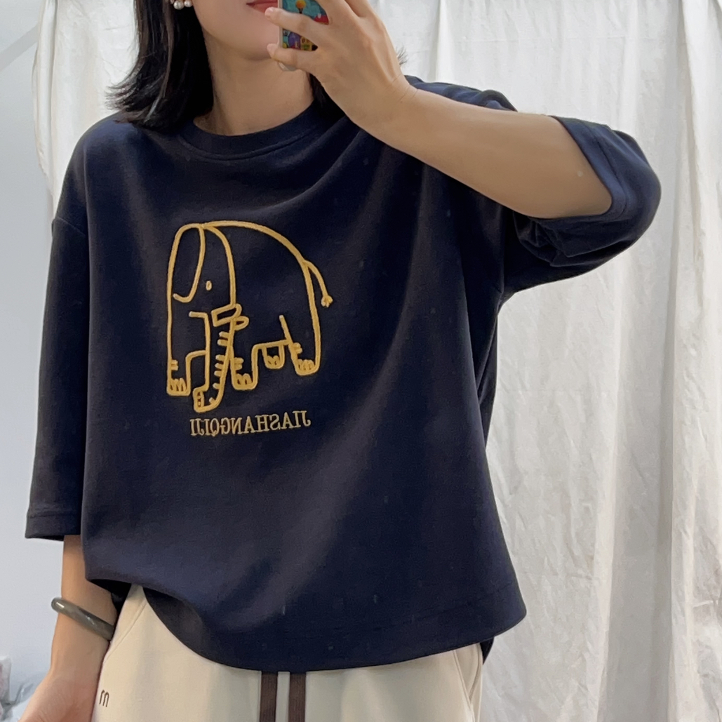 （祥如）新款女百搭圆领中袖刺绣宽松休闲衫T恤女上衣厚料卫衣
