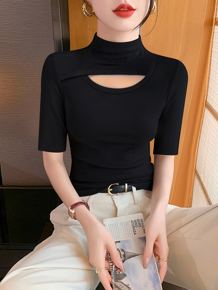 半高领黑色中袖打底衫女新款高级感内搭五分袖修身t恤镂空上衣春