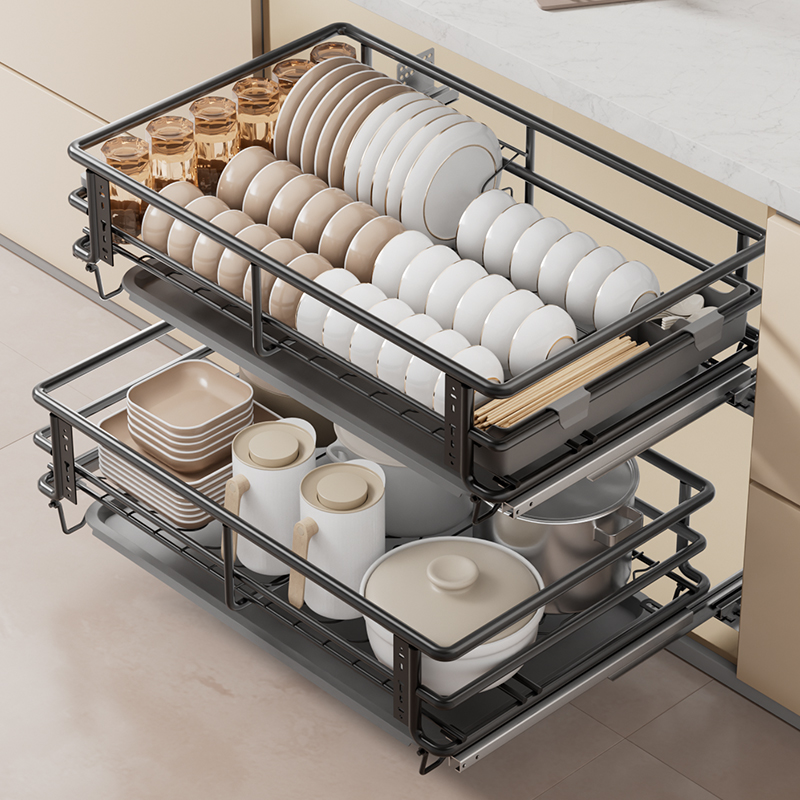 百悍拉篮厨房橱柜碗篮抽屉式双层调味拉篮调料拉篮抽屉内置碗架