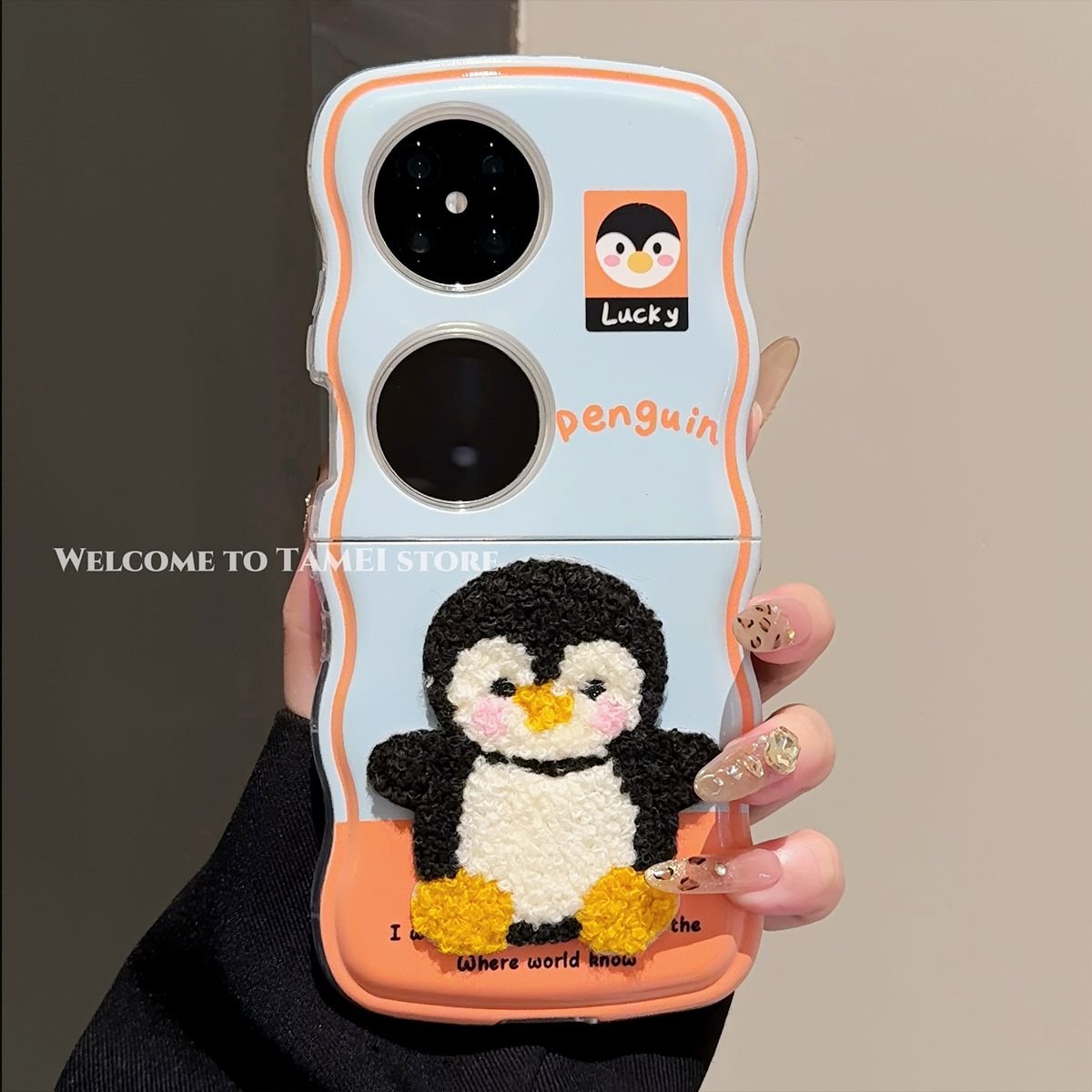 适用于华为POCKET2波浪手机壳FINDN3FLIP毛绒绒企鹅华为pocketS