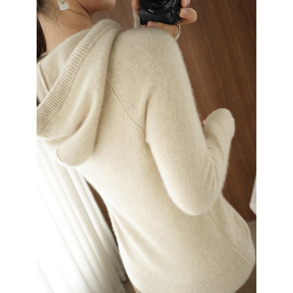 女上衣连帽宽松针织帽冬季套头毛衣外穿平面帽衫衫针织外套爱玛橙