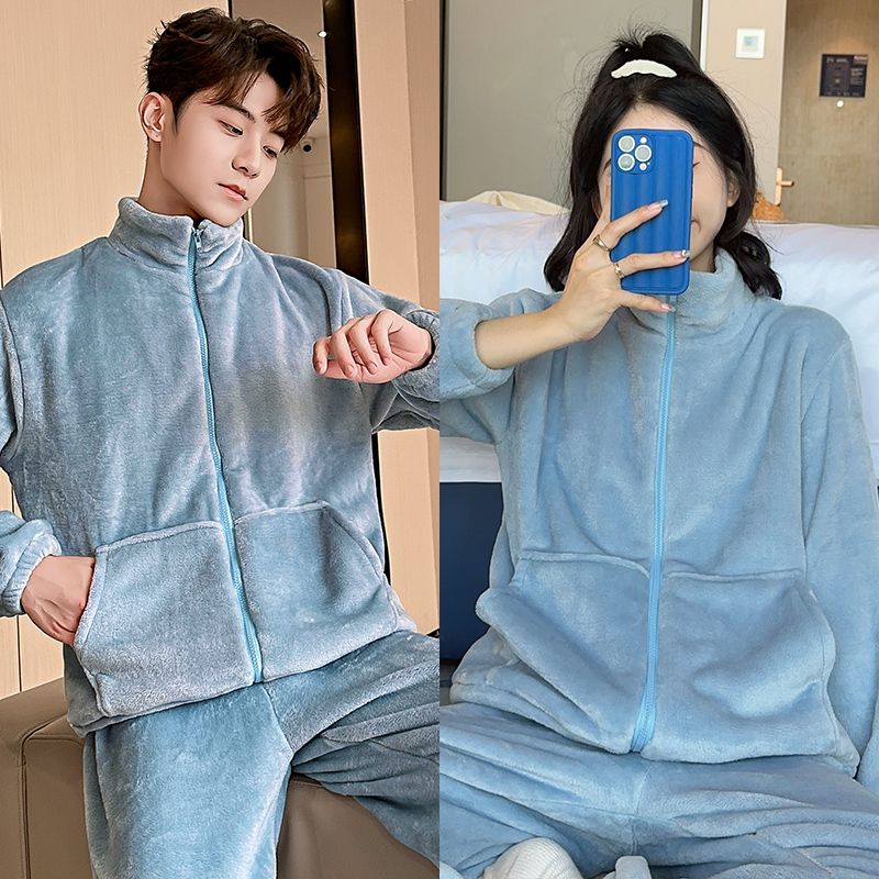 大学生秋冬季睡衣女牛奶绒男士立领拉链情侣款宽松保暖家居服套装