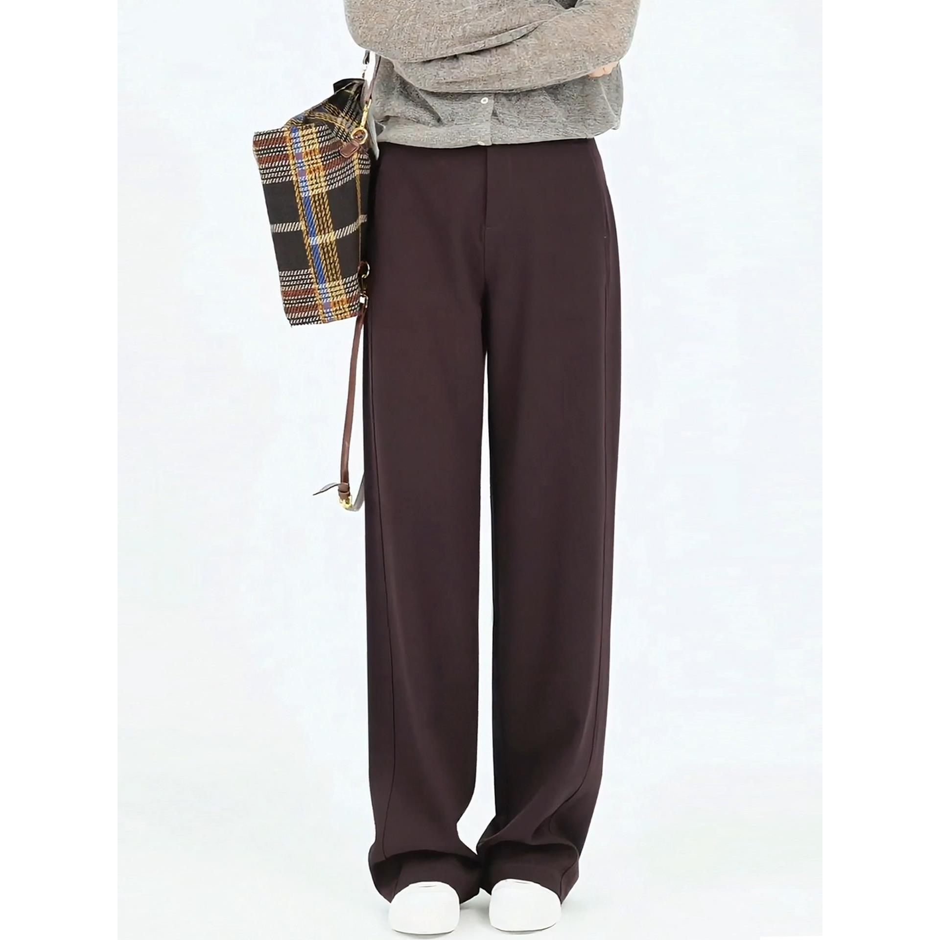 天丝羊毛窄版阔腿裤女2025春秋季新款高级无花果紫色休闲直筒裤子