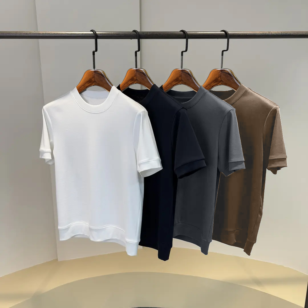 高端轻奢液氨丝光棉短袖t恤男夏季纯色收口半袖简约圆领打底衫男