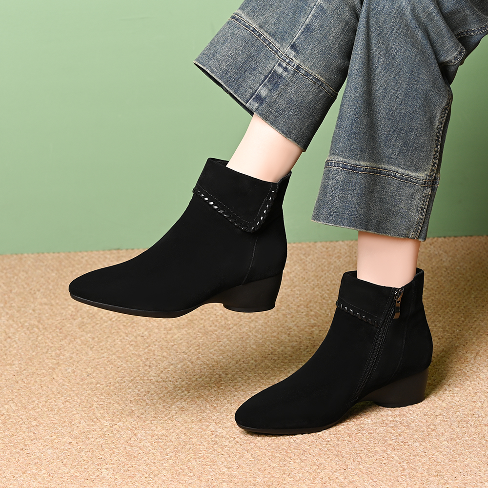 真皮羊皮复古软底短靴女秋冬加绒小裸靴坡跟侧拉链及踝靴子马丁靴