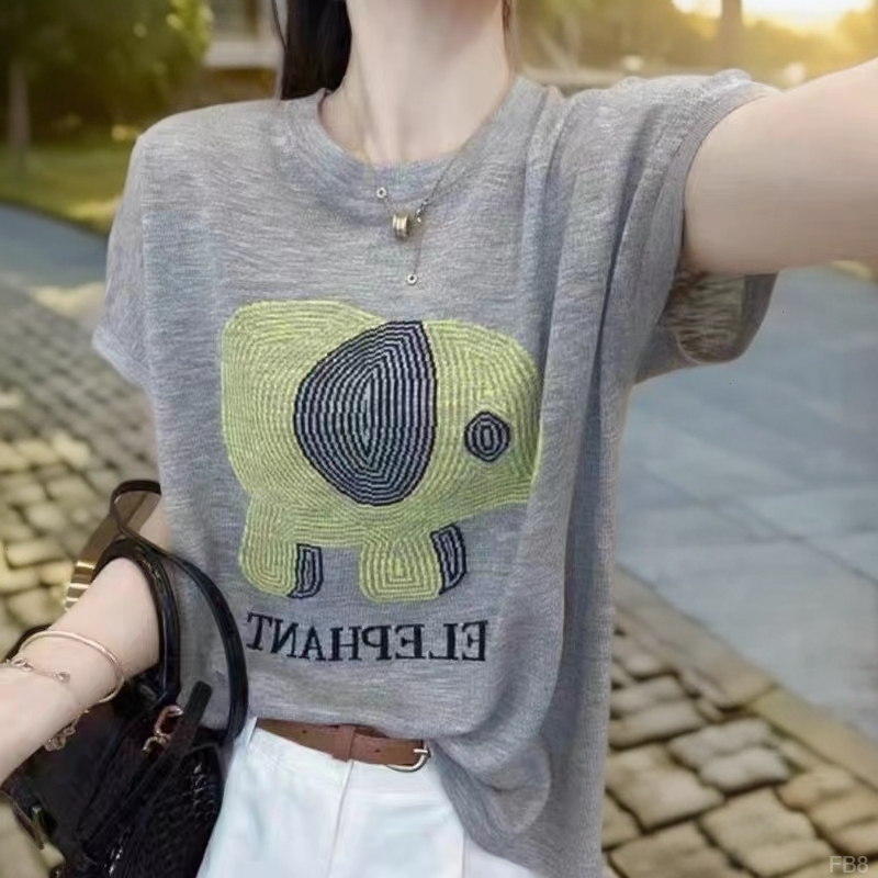 今年流行字母小象印花设计感2025夏季薄款针织T恤女减龄宽松上衣
